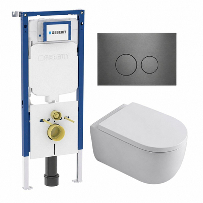 QeramiQ Dely Swirl Toiletset - 36.3x51.7cm - Geberit UP720 Duofix Sigma inbouwreservoir - 35mm zitting - gunmetal bedieningsplaat - ronde knoppen - glans wit