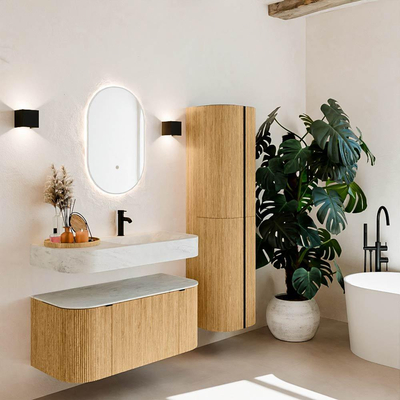 MONDIAZ THOR-DLUX 100cm badmeubel ronding links + rechts kleur Oak met 1 lade en 2 deuren. Vrijhangende wastafel CLOUD Rechts 1 kraangat kleur Opalo.