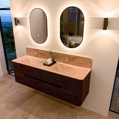 Mondiaz CIRO-DLUX Badkamermeubelset - 160x45x50cm - Solid surface wastafel Saba - 2 wasbak Dubbel - zonder kraangaten - 4 lades - Walnut