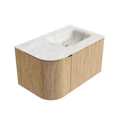 MONDIAZ KURVE-DLUX meuble de salle de bains 75 cm avec module 25 L couleur Oak avec 1 tiroir et 1 porte. Lavabo GRUNNE à droite 1 trou de robinet couleur Frappe.