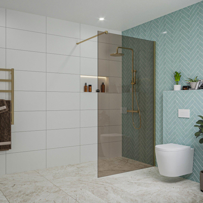 Fortifura Galeria inloopdouche - 110x200cm - rookglas - wandarm - PVD - geborsteld messing (goud)