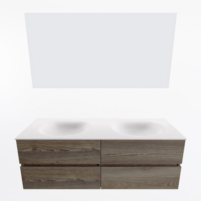 Mondiaz VICA ensemble de meuble de salle de bain - 140cm - meuble sous-vasque marron foncé gris - 4 tiroirs - lavabo lune double - sans trous de robinet - couleur talc - miroir LED - version XL 60cm de haut