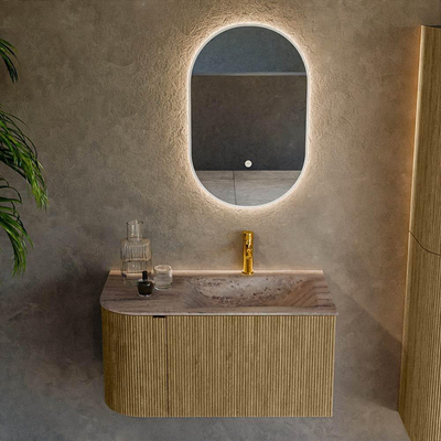 MONDIAZ KURVE-DLUX Meuble de salle de bains 85cm arrondi Gauche couleur Dusk avec 1 tiroir et 1 porte. Lavabo CLOUD Droite 1 trou de robinet Oza.
