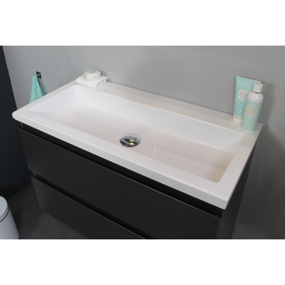 Basic Line Bella Ensemble meuble de salle de bains - 80x55x46cm - 1 lavabo - Acrylique - Blanc - 0 trou de robinet - Miroir mural sans éclairage - Mélamine anthracite mat