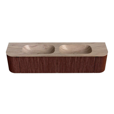 MONDIAZ KURVE-DLUX Meuble de salle de bains 190cm arrondi Gauche + Droite couleur Ruby avec 2 tiroirs et 2 portes. Lavabo STOR SMALL Double 2 trous de robinet Saba.