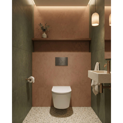QeramiQ Dely Toiletset - 36.3x51.7cm - diepspoel - rimless - Geberit UP720 inbouwreservoir - softclose toilet zitting - 35mm - gunmetal bedieningsplaat - ronde knoppen - mat wit