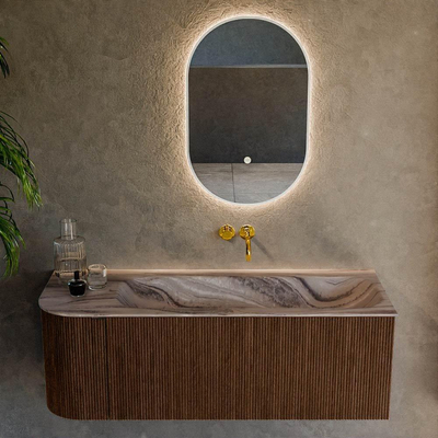 MONDIAZ KURVE-DLUX 125cm badmeubel ronding Links kleur Walnut met 1 lade en 1 deur. Wastafel BIG MEDIUM Rechts zonder kraangat Sombra.