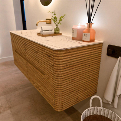 Mondiaz CIRO-DLUX Badkamermeubelset - 130x45x50cm - Solid surface wastafel Nata - 1 wasbak Links - zonder kraangaten - 4 lades - Oak