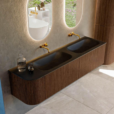 MONDIAZ KURVE 175cm Meuble salle de bain avec module 25 G - couleur Walnut - 2 tiroirs - 1 porte - vasque BIG SMALL double / droite - sans trous de robinet - Urban