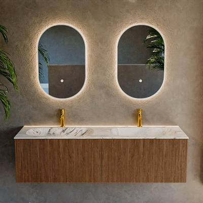 MONDIAZ KURVE-DLUX 150cm Meuble salle de bain - couleur Walnut - 2 tiroirs - vasque STOR SMALL double - 2 trous de robinet - couleur Glace