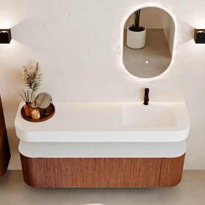 MONDIAZ THOR 160cm meuble de salle de bains arrondi gauche + droite couleur Ruby avec 1 tiroir et 2 portes. Vasque suspendue CLOUD Droite 1 trou de robinet couleur Talc.