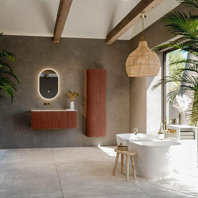 MONDIAZ KURVE-DLUX Meuble de salle de bains 105cm arrondi à droite couleur Ruby avec 1 tiroir et 1 porte. Lavabo BIG SMALL gauche sans trou de robinet Meli.