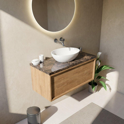 Saniclass Holz Frame Ensemble meuble de salle de bains - 100x45x43cm - plan en pierre naturelle Noche dark emperador - sans trou de robinet - 1 tiroir - chêne natural mat (bois)