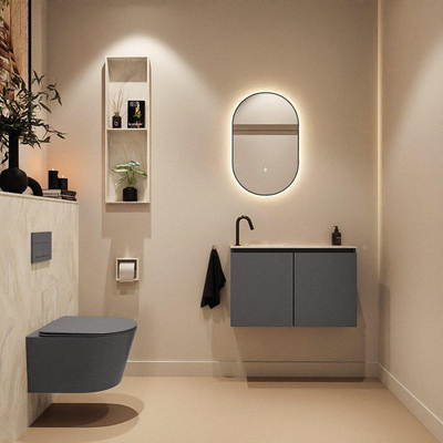 MONDIAZ TURE-DLUX Meuble toilette - 80cm - Dark Grey - EDEN - vasque Ostra - position gauche - 1 trou de robinet