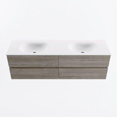 Mondiaz Vica ensemble de meuble de salle de bain - 160cm - meuble sous-vasque marron clair gris - 4 tiroirs - lavabo lune double - sans trous de robinet - version haute de 60cm - talc