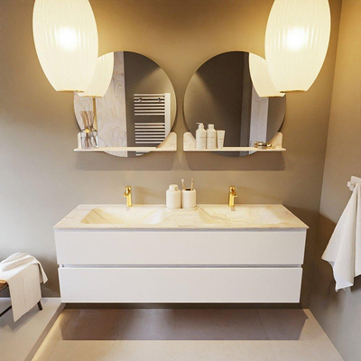 Mondiaz VICA-DLUX Ensemble de meuble de salle de bain - 150cm - meuble sous-vasque talc - 2 tiroirs - lavabo encastré cloud double - 2 trous de robinet - version haute de 60cm - ostra