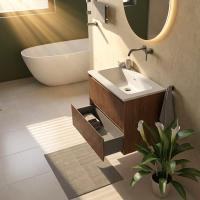 Saniclass Holz Atelier Ensemble meuble de salle de bains - 80x45x77.5cm - lavabo Torino en solid surface blanc - sans trou de robinet - 2 tiroirs - noyer pure mat (bois)