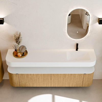 MONDIAZ THOR 190cm meuble de salle de bains arrondi gauche + droite couleur Oak avec 2 tiroirs et 2 portes. Vasque suspendue CLOUD Droite 1 trou de robinet couleur Talc.