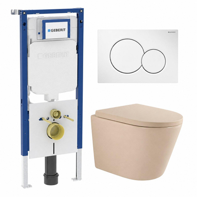 QeramiQ Dely Toiletset - Geberit UP720 inbouwreservoir - witte bedieningsplaat - softclose toilet zitting - 35mm - met Burda frame - mat beige