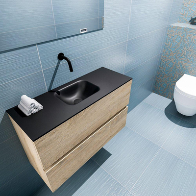 MONDIAZ ADA Meuble de toilettes - 80x30x50cm - 0 trous de robinet - 2 tiroirs - chêne blanchi mat - lavabo au centre - Solid surface - Noir