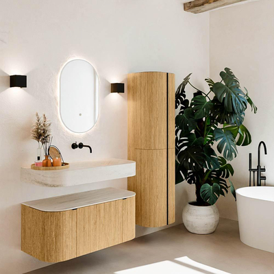 MONDIAZ THOR-DLUX 100cm meuble de salle de bains arrondi gauche + droite couleur Chêne avec 1 tiroir et 2 portes. Vasque suspendue CLOUD Droite sans trou de robinet couleur Meli.