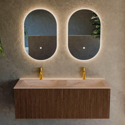 MONDIAZ KURVE-DLUX 120cm badmeubel kleur Walnut met 1 lade en 0 deuren. Wastafel LEAF Dubbel 2 kraangaten Saba.