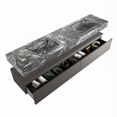 Mondiaz ALAN-DLUX Ensemble de meuble - 200cm - meuble Dark grey mat - 2 tiroirs - Lavabo Cloud Lava suspendu - vasque gauche et droite - 0 trous de robinet