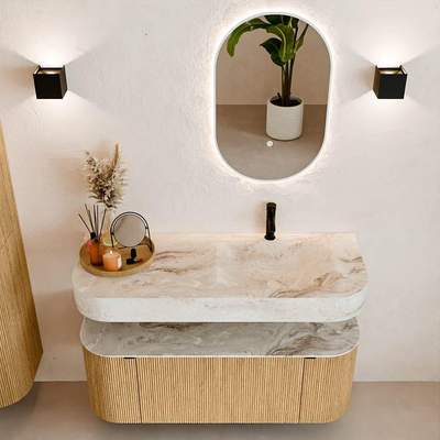 MONDIAZ THOR-DLUX 120cm badmeubel ronding links + rechts kleur Oak met 1 lade en 2 deuren. Vrijhangende wastafel CLOUD Rechts 1 kraangat kleur Frappe.