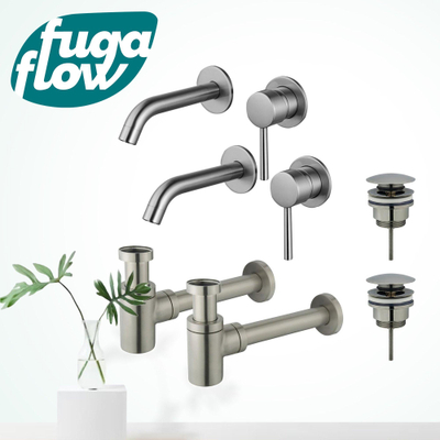 FugaFlow Eccelente Sobrado Badkamer Slim Wastafelkraanset - voor dubbele wastafel - inbouw wastafelkraan - klikwaste plug - verlaagde design sifon - PVD Geborsteld RVS -