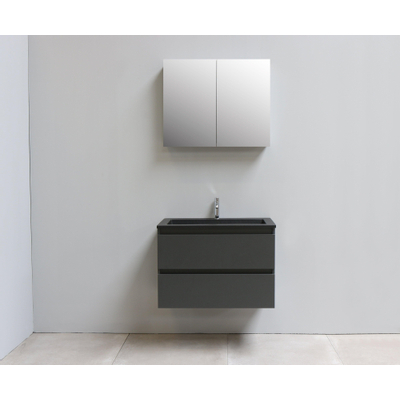 Basic Bella Meuble salle de bains avec lavabo acrylique Noir avec armoire toilette 2 portes gris 80x55x46cm 1 trou de robinet Anthracite mat
