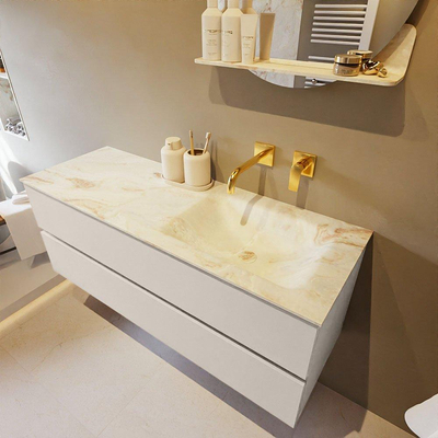 Mondiaz VICA-DLUX Ensemble de meuble de salle de bain - 130cm - meuble sous-vasque lin - 2 tiroirs - lavabo encastrée cloud droite - sans trous de robinet - version haute de 60cm - frape