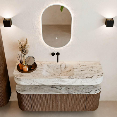 MONDIAZ THOR-DLUX Meuble de salle de bains 140cm arrondi gauche + droite couleur Walnut avec 1 tiroir et 2 portes. Vasque suspendue CLOUD Milieu sans trou de robinet couleur Glace.