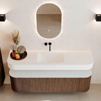 MONDIAZ THOR Meuble de salle de bains 160cm arrondi gauche + droite couleur Walnut avec 1 tiroir et 2 portes. Vasque suspendue CLOUD Milieu sans trou de robinet couleur Talc.