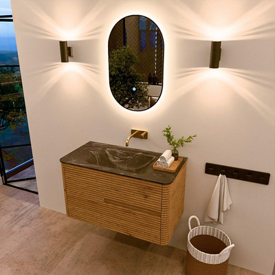 Mondiaz CIRO-DLUX Badkamermeubelset - 90x45x50cm - Solid surface wastafel Lava - 1 wasbak Midden - zonder kraangaten - 2 lades - Oak