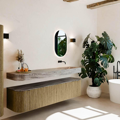 MONDIAZ THOR-DLUX Meuble de salle de bains 190cm arrondi gauche + droite couleur Dusk avec 2 tiroirs et 2 portes. Vasque suspendue CLOUD Droite sans trou de robinet couleur Oza.