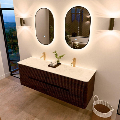 Mondiaz CIRO-DLUX Badkamermeubelset - 150x45x50cm - Solid surface wastafel Opalo - 2 wasbak Dubbel - 2 kraangaten - 4 lades - Walnut