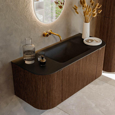 MONDIAZ KURVE 110cm badmeubel met module 25 Len R kleur Walnut met 1 lade en 2 deuren. Wastafel CLOUD midden zonder kraangat Urban.