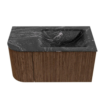 MONDIAZ KURVE-DLUX 85cm Meuble salle de bain avec module 25 G - couleur Walnut - 1 tiroir - 1 porte - vasque CLOUD droite - 1 trou de robinet - couleur Lava