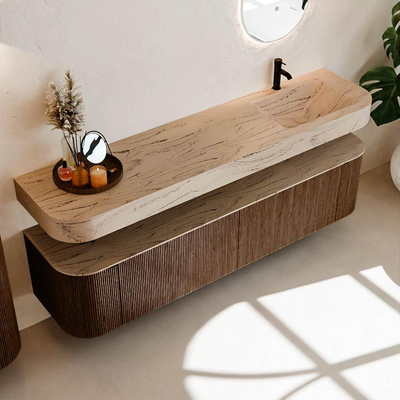 MONDIAZ THOR-DLUX Meuble de salle de bains - 190cm - arrondi gauche + droite - couleur Walnut - 2 tiroirs et 2 portes - Vasque suspendue CLOUD Droite 1 trou de robinet - couleur Arena