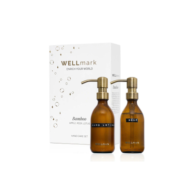 Wellmark Coffret soins des mains giftset - crème pour les mains 250ml - lotion pour les mains 250ml - bambou - ambre - texte : soap