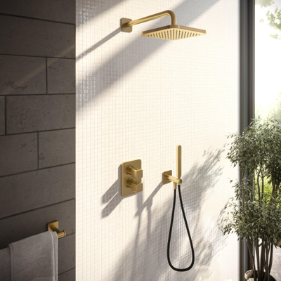 Hotbath Gal IBS40 ensemble de douche de pluie encastré - 2 fonctions - bras mural 35 cm - tête de douche carrée 22 cm - laiton brossé PVD