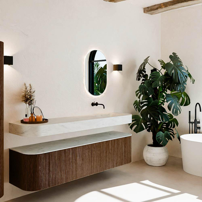 MONDIAZ THOR-DLUX 180cm meuble de salle de bains arrondi gauche + droite couleur Walnut avec 2 tiroirs et 2 portes. Vasque suspendue CLOUD droite sans trou de robinet couleur Opalo.