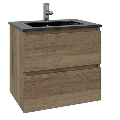 Adema Chaci onderkast en wastafel 60x46cm met overloop 1 wasbak 1 kraangat Keramiek Mat Zwart en onderkast kleur kaneel SHOWROOMMODEL