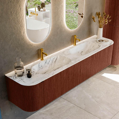 Mondiaz KURVE-DLUX Badkamermeubelset - 200x46x40cm - 2 lade - 2 deuren - wastafel solid surface - dubbel - 2 kraangaten - Ruby