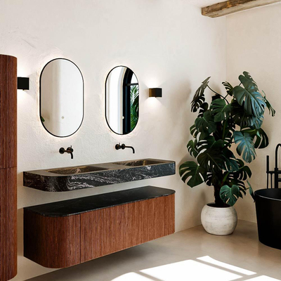 MONDIAZ THOR-DLUX 150cm meuble de salle de bains arrondi gauche + droite couleur Ruby avec 1 tiroir et 2 portes. Vasque suspendue CLOUD Double sans trou de robinet couleur Lava.