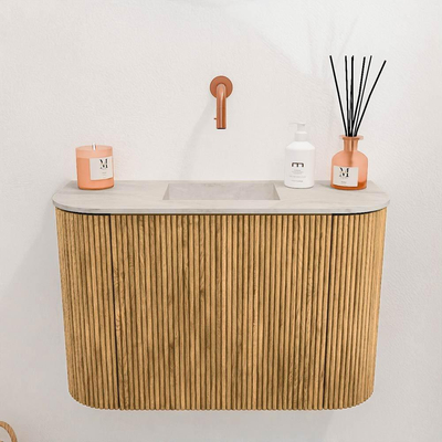 Mondiaz JOYA-DLUX 63.2cm toiletmeubel - ronding links en rechts kleur Oak - Wastafel FAYE positie Midden Zonder kraangat kleur Ostra.