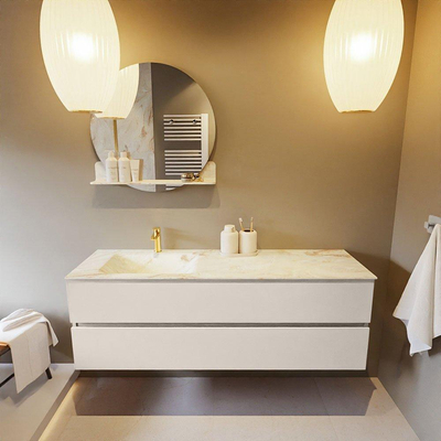 MONDIAZ VICA-DLUX Badkamermeubelset - 150cm - onderkast linen- 2 lades - inbouw wastafel cloud links - 1 kraangat - 60cm hoge versie - frape