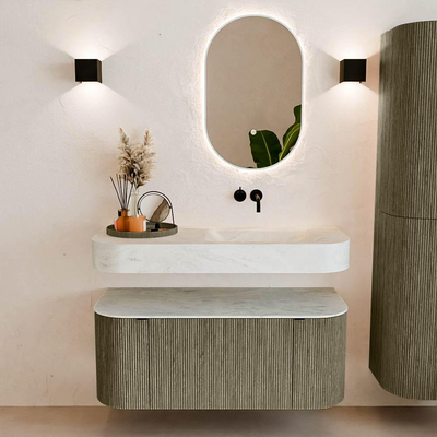 MONDIAZ THOR-DLUX 110cm badmeubel ronding links + rechts kleur Shadow met 1 lade en 2 deuren. Vrijhangende wastafel CLOUD Rechts zonder kraangat kleur Opalo.