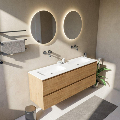 Saniclass Holz Pure Ensemble de meubles de salle de bains - 160x45x61.5cm - Vasque Flow en solid surface blanc - 2 vasques - sans trous de robinet - 4 tiroirs - chêne natural mat (bois)
