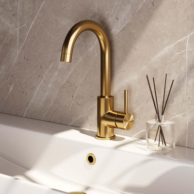 Brauer Gold - Édition Ensemble de robinet mélangeur à poser - haut - pivotant - bec rond - modèle a - PVD - or brossé
